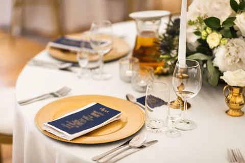 Table set for wedding or another catered event dinner Stock Photos