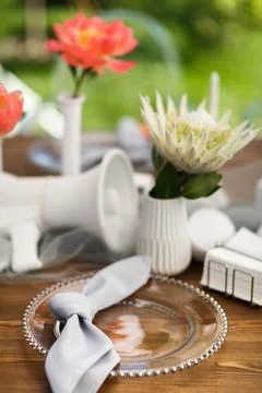 Table set for wedding or another catered event dinner Stock Photos