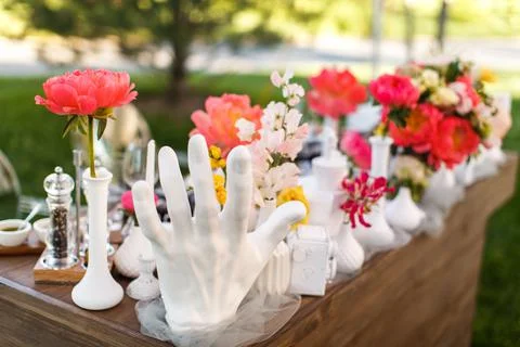Table set for wedding or another catered event dinner Stock Photos