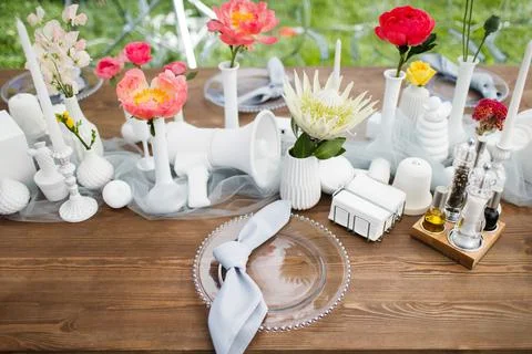Table set for wedding or another catered event dinner Stock Photos
