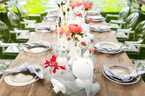 Table set for wedding or another catered event dinner Stock Photos