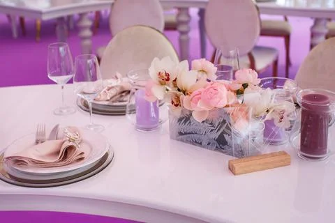 Table set for wedding or another catered event dinner Stock Photos