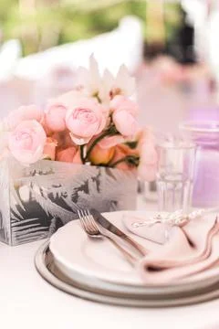 Table set for wedding or another catered event dinner Stock Photos
