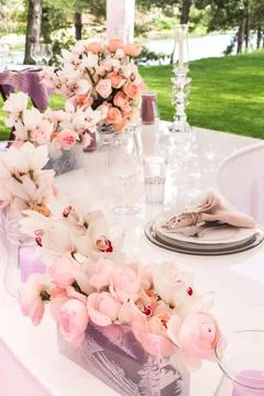 Table set for wedding or another catered event dinner Stock Photos