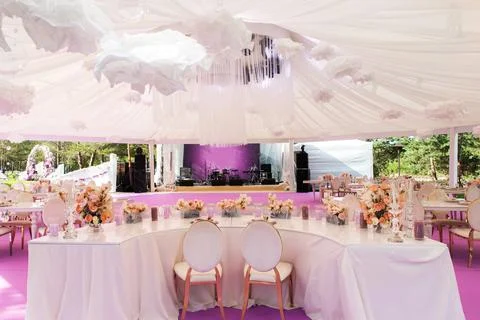 Table set for wedding or another catered event dinner Stock Photos