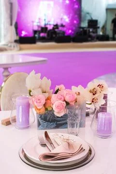 Table set for wedding or another catered event dinner Stock Photos