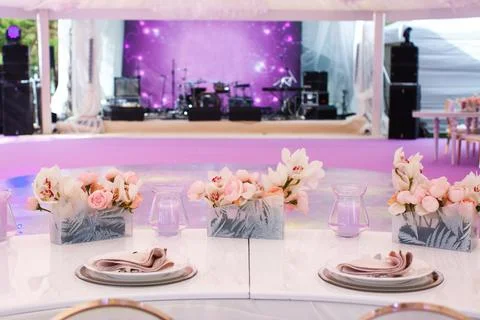 Table set for wedding or another catered event dinner Stock Photos