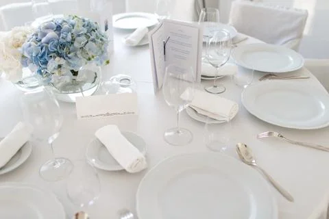 Table set for wedding or another catered event dinner Stock Photos