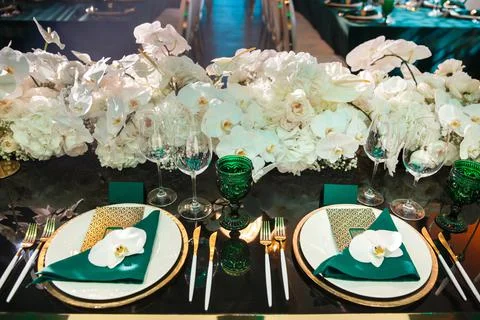 Table set for wedding or another catered event dinner Stock Photos