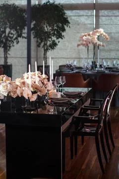 Table set for wedding or another catered event dinner Stock Photos