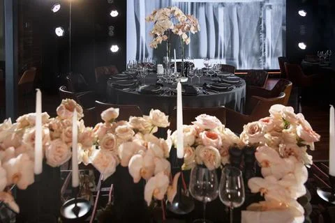 Table set for wedding or another catered event dinner Stock Photos