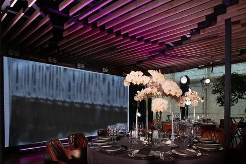 Table set for wedding or another catered event dinner Stock Photos