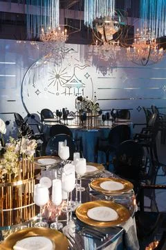 Table set for wedding or another catered event dinner Stock Photos