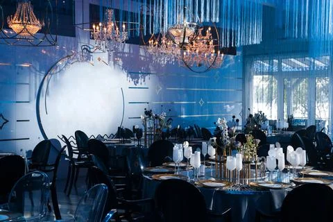 Table set for wedding or another catered event dinner Stock Photos