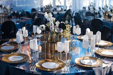 Table set for wedding or another catered event dinner Stock Photos