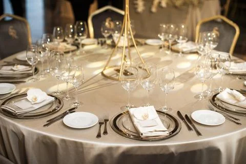 Table set for wedding or another catered event dinner Stock Photos