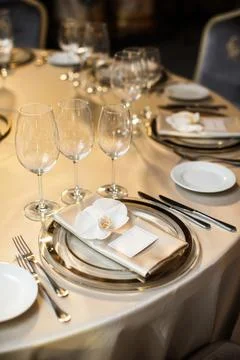 Table set for wedding or another catered event dinner Stock Photos