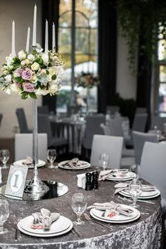 Table set for wedding or another catered event dinner Stock Photos