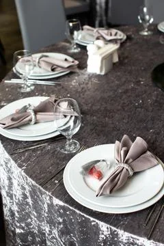 Table set for wedding or another catered event dinner Stock Photos