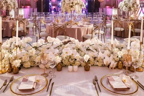 Table set for wedding or another catered event dinner Stock Photos