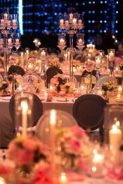 Table set for wedding or another catered event dinner Stock Photos