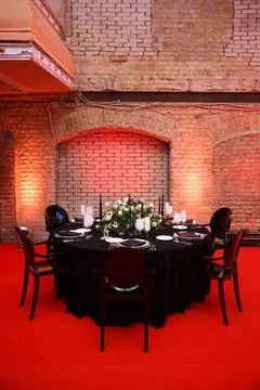 Table set for wedding or another catered event dinner Stock Photos