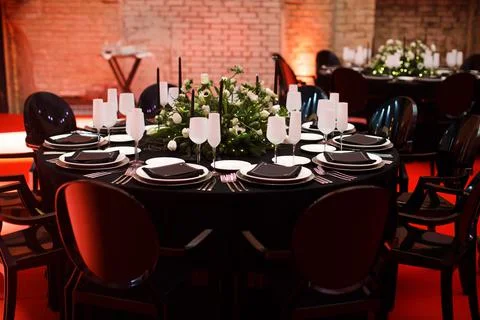 Table set for wedding or another catered event dinner Stock Photos