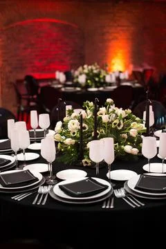 Table set for wedding or another catered event dinner Stock Photos