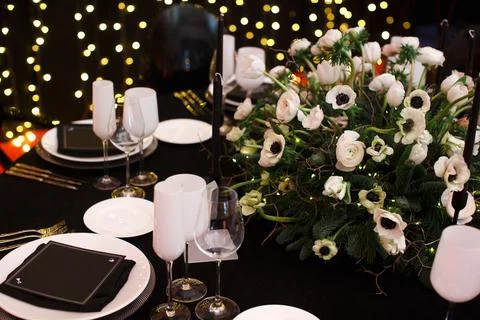 Table set for wedding or another catered event dinner Stock Photos