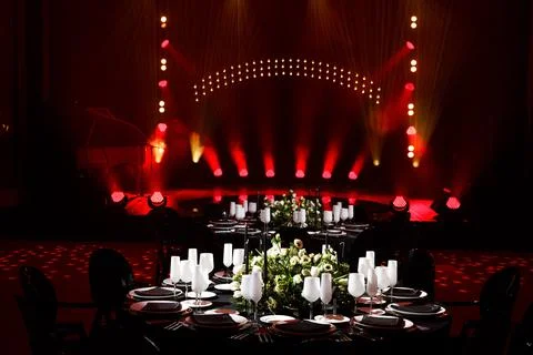 Table set for wedding or another catered event dinner Stock Photos