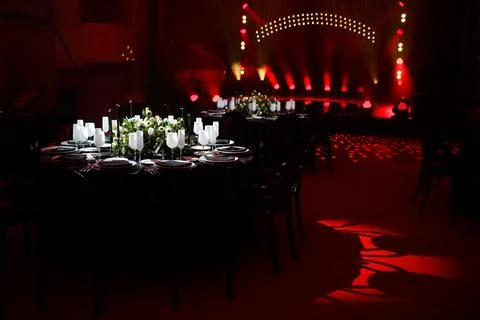 Table set for wedding or another catered event dinner Stock Photos