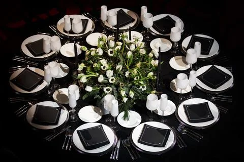 Table set for wedding or another catered event dinner Stock Photos