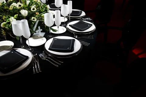 Table set for wedding or another catered event dinner Stock Photos