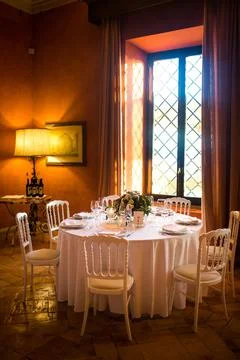 Table set for wedding or another catered event dinner Stock Photos