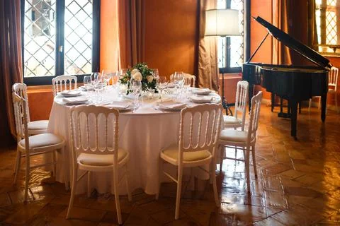 Table set for wedding or another catered event dinner Stock Photos