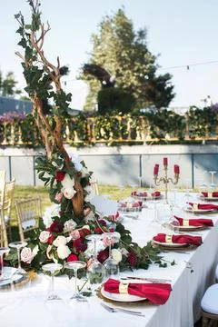 Table set for wedding or another catered event dinner Stock Photos