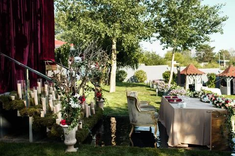 Table set for wedding or another catered event dinner Stock Photos