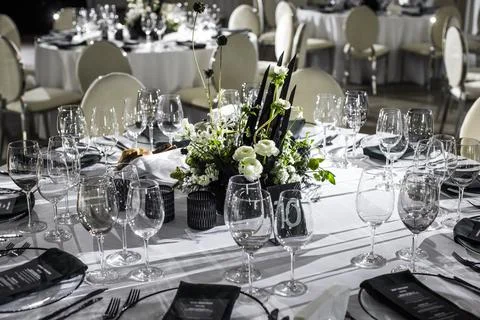 Table set for wedding or another catered event dinner Stock Photos