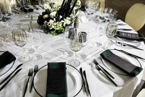 Table set for wedding or another catered event dinner Stock Photos