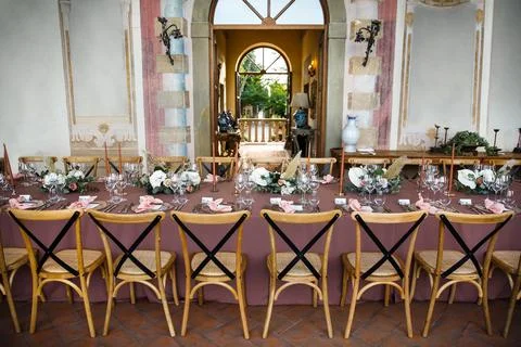 Table set for wedding or another catered event dinner Stock Photos