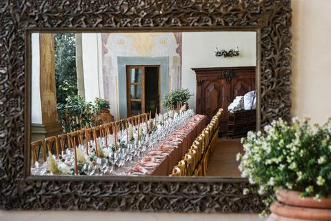 Table set for wedding or another catered event dinner Stock Photos