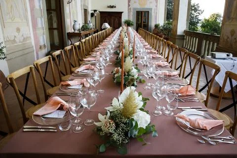 Table set for wedding or another catered event dinner Stock Photos