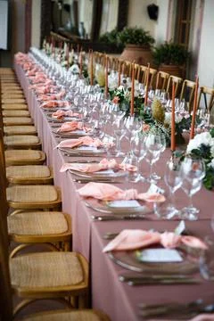 Table set for wedding or another catered event dinner Stock Photos