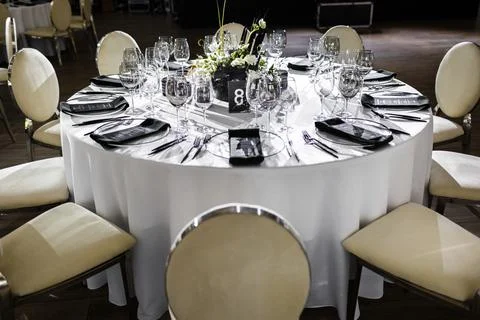 Table set for wedding or another catered event dinner Stock-Fotos