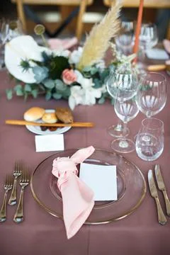 Table set for wedding or another catered event dinner Stock Photos