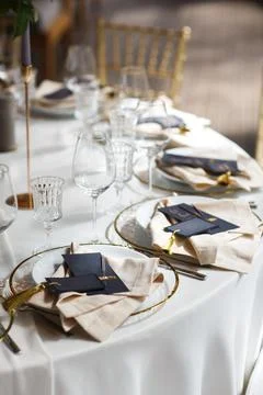 Table set for wedding or another catered event dinner Stock Photos