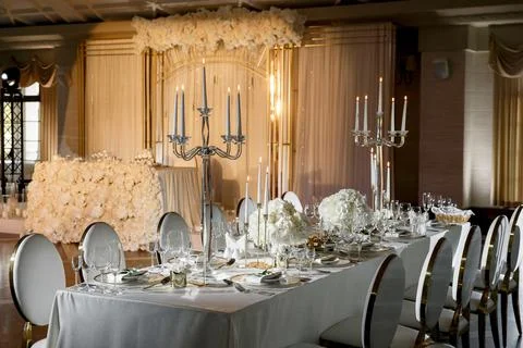 Table set for wedding or another catered event dinner Stock Photos