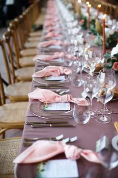 Table set for wedding or another catered event dinner Stock Photos