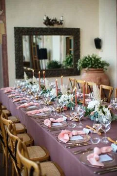 Table set for wedding or another catered event dinner Stock Photos