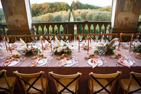 Table set for wedding or another catered event dinner Stock Photos